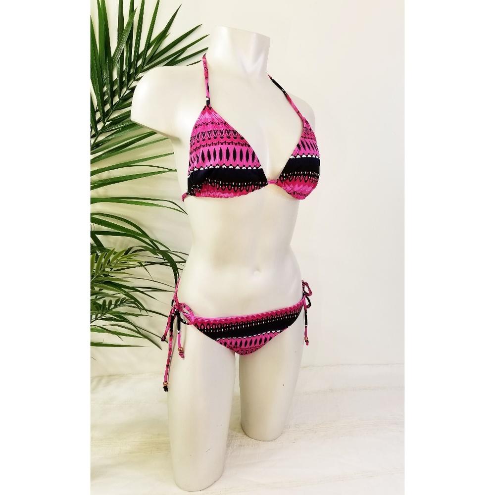 Striped String Bikini Fuschia & Black Sz Medium